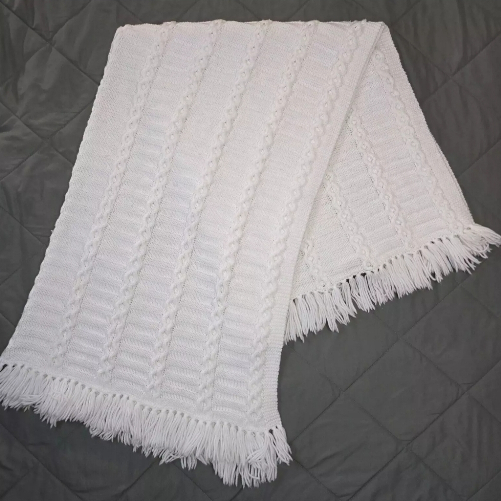 Afghan Crochet Knit Throw Blanket White Fringe 48x64